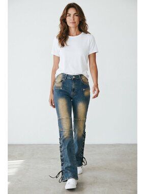 vtg Y2K Lace Up Side Flare Stretch Jeans Dirt Wash Grommet womens sz L